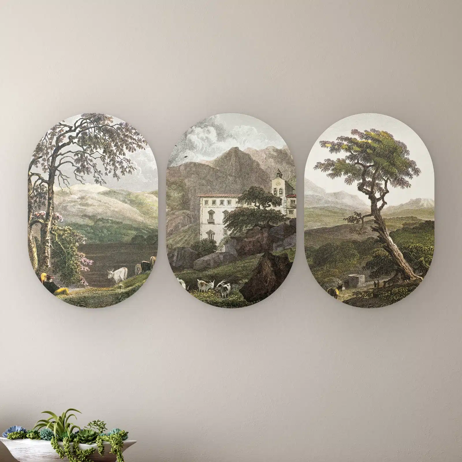 Landschap drieluik in drie muurovalen: oude prenten van Sicilië met heuvels, een landhuis en een boom