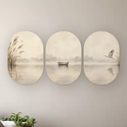 Drieluik schilderij japandi in drie muurovalen: Stil water: riet, roeiboot en vliegende reiger
