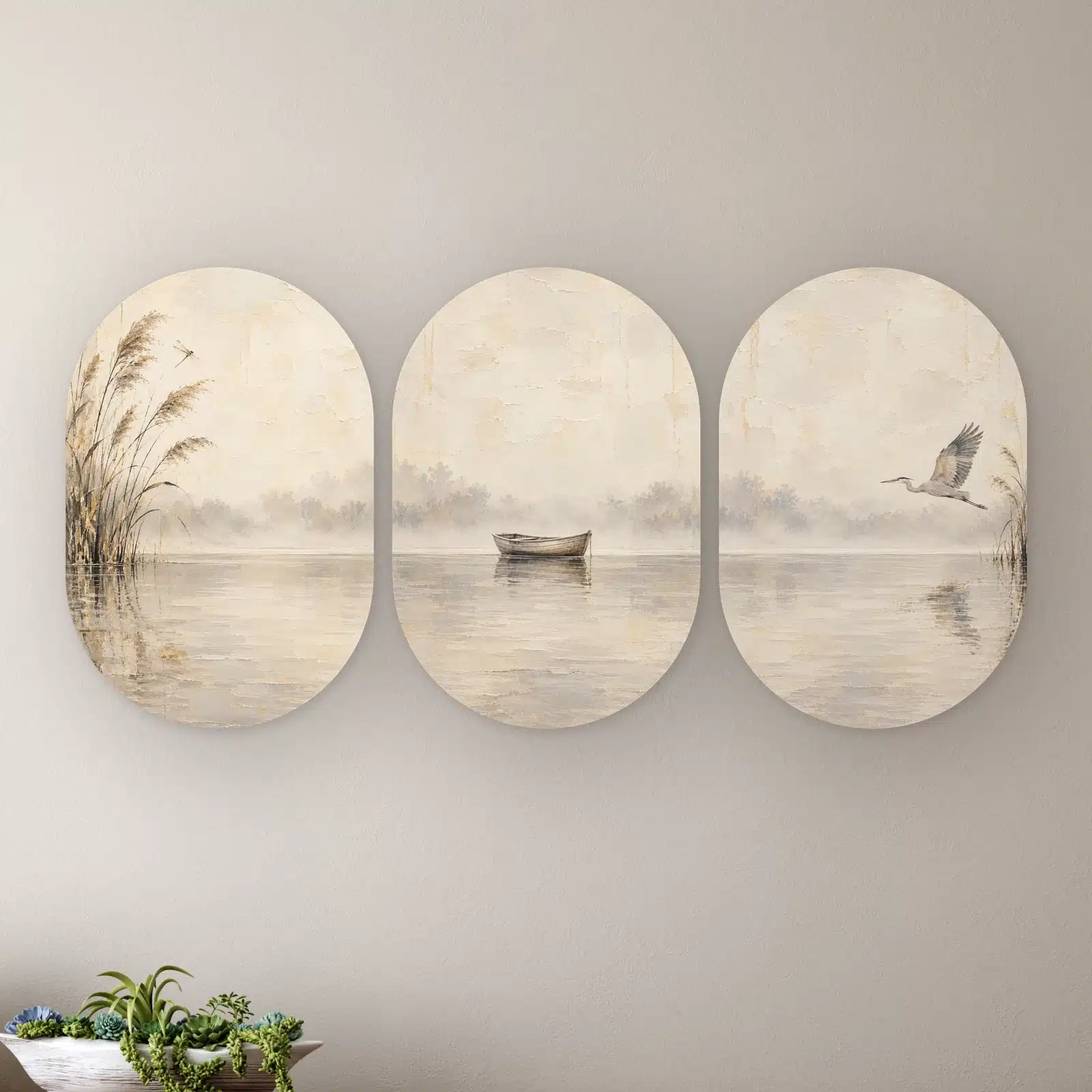 Drieluik schilderij japandi in drie muurovalen: Stil water: riet, roeiboot en vliegende reiger