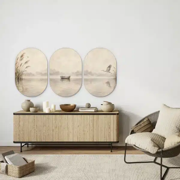Drieluik schilderij japandi in drie muurovalen boven een licht houten dressoir
