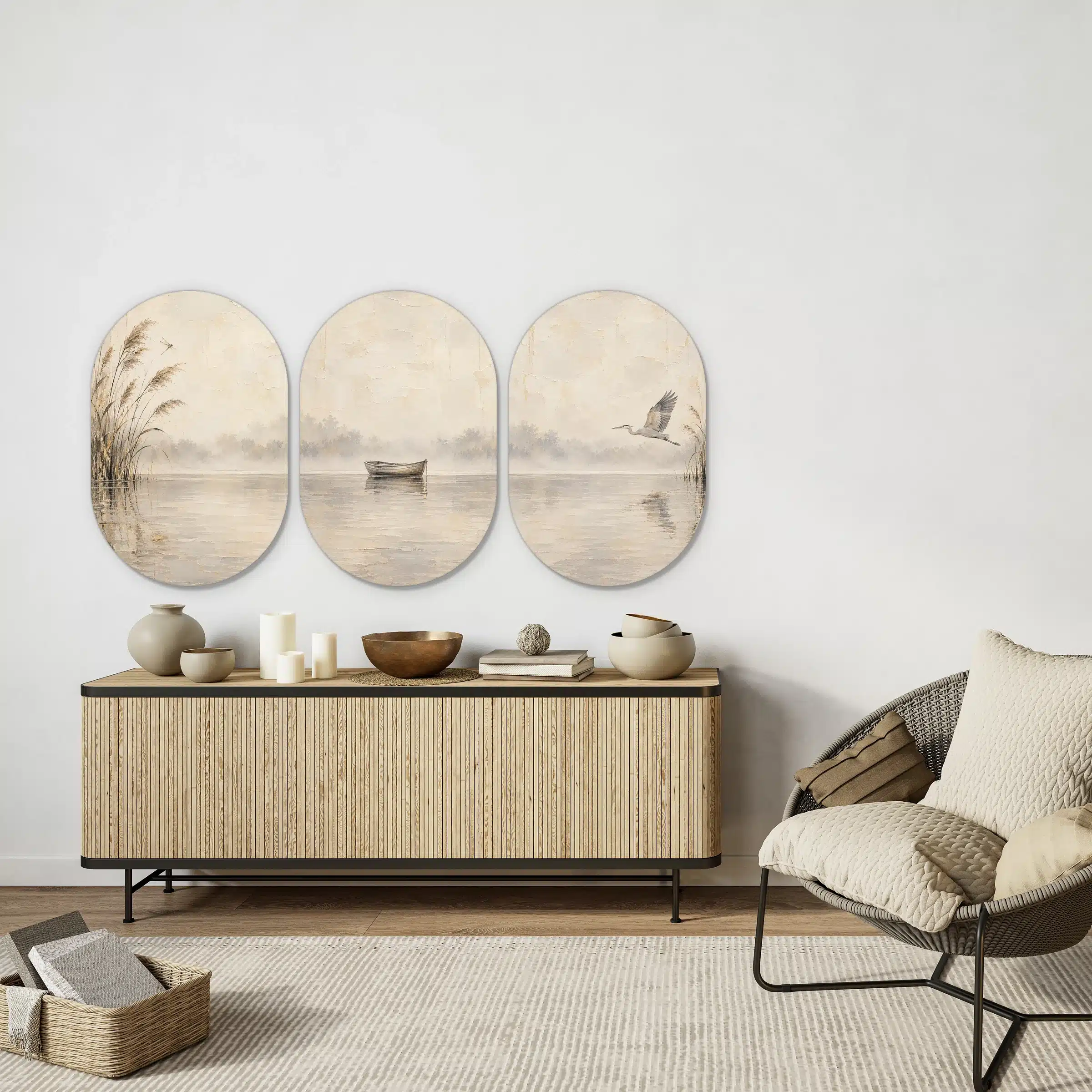 Drieluik schilderij japandi in drie muurovalen boven een licht houten dressoir