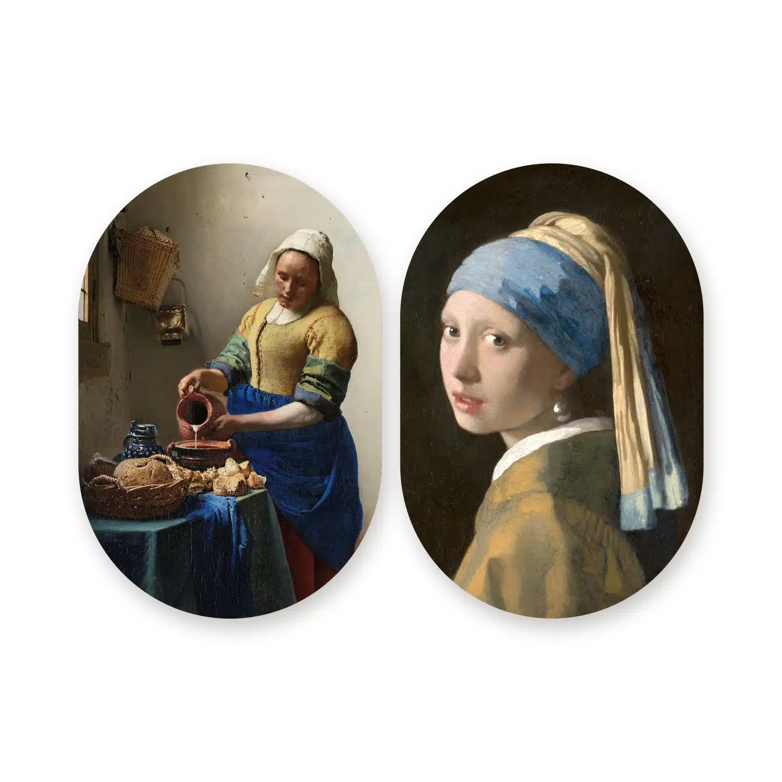 Vermeer tweeluik in twee muurovalen los op een witte achtergrond