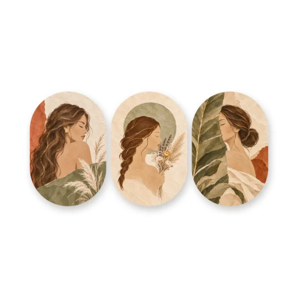 Drieluik vrouwen in drie muurovalen los op een witte achtergrond