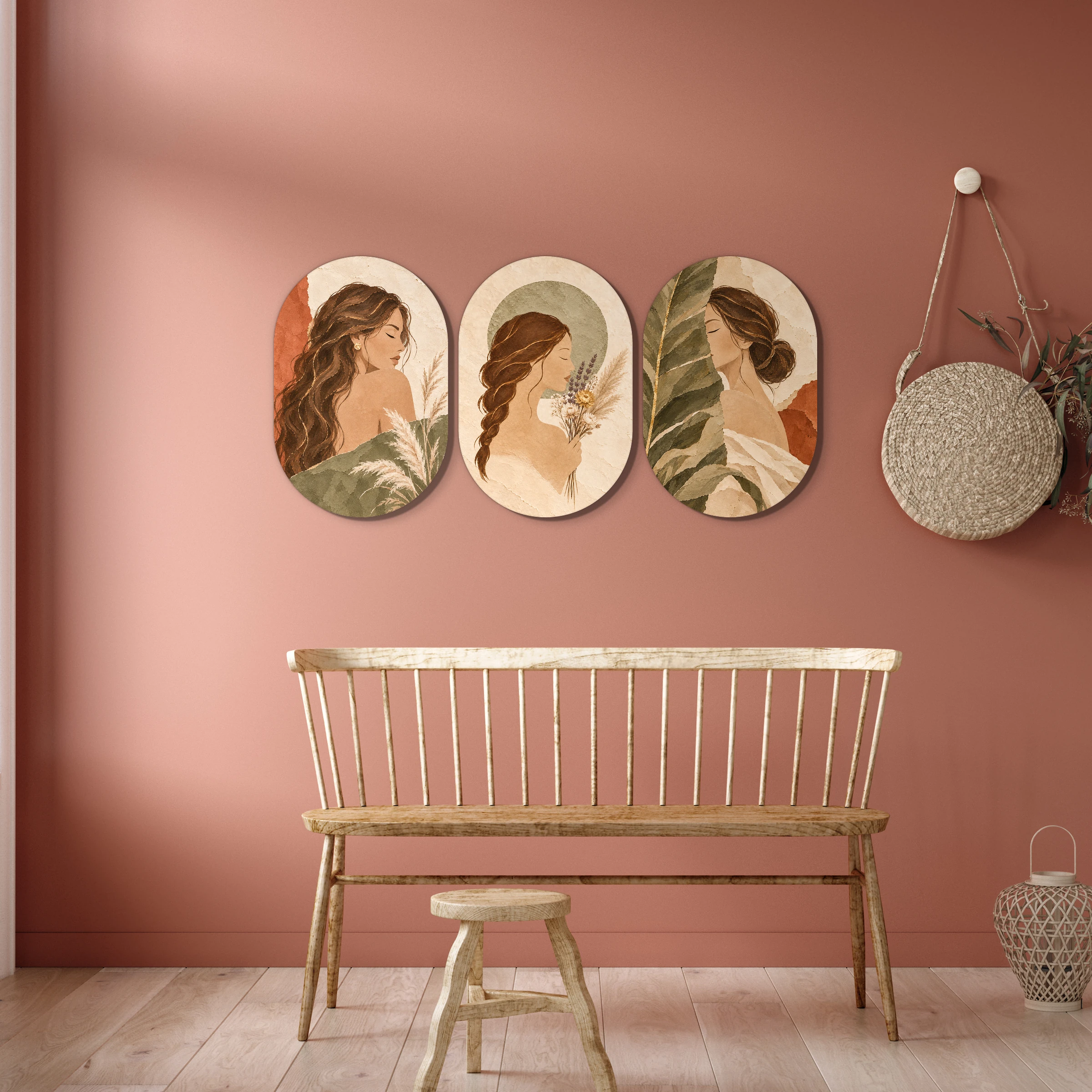 Drieluik vrouwen in drie muurovalen aan een terracotta muur boven een houten bank