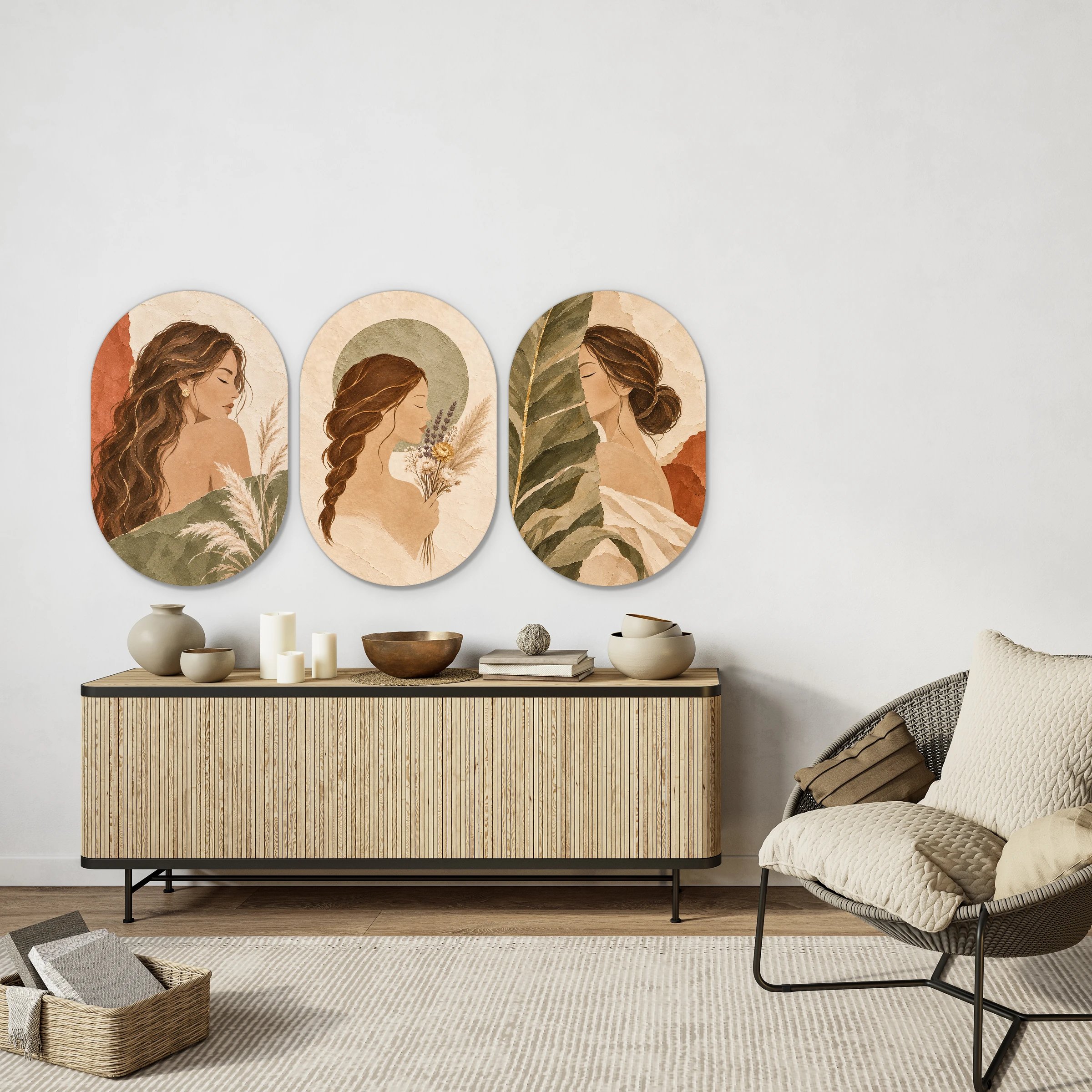 Drieluik vrouwen in drie muurovalen boven een licht houten dressoir