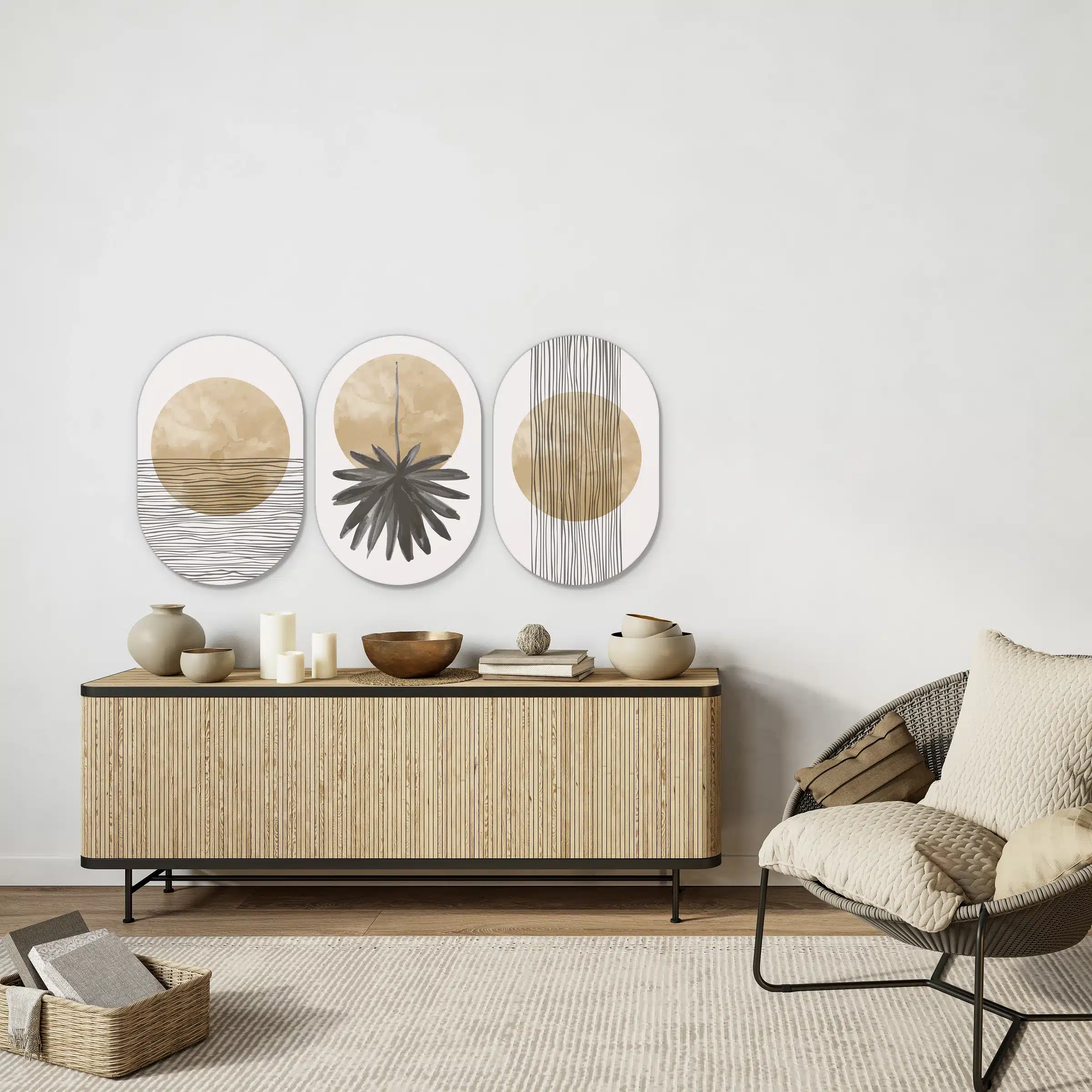 Modern drieluik schilderij in drie muurovalen boven een licht houten dressoir