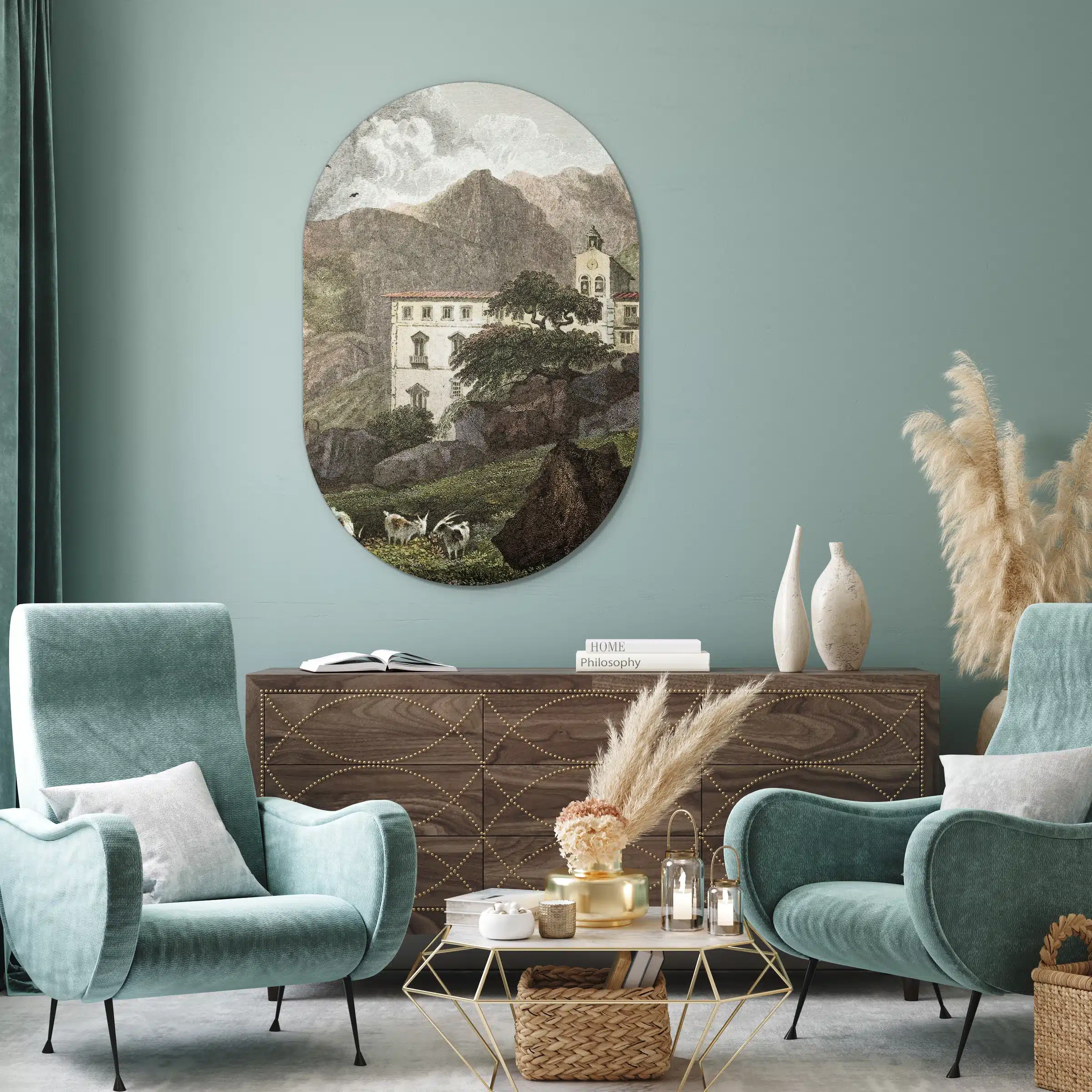 Muurovaal Siciliaans huis in een woonkamer met blauwgroene fauteuils