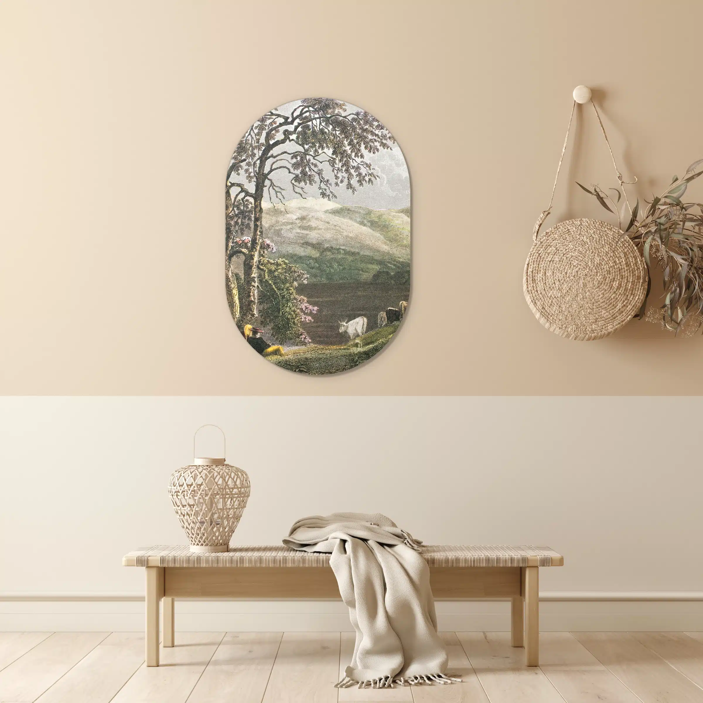 Muurovaal Siciliaans landschap in een lichte hal boven een houten bankje