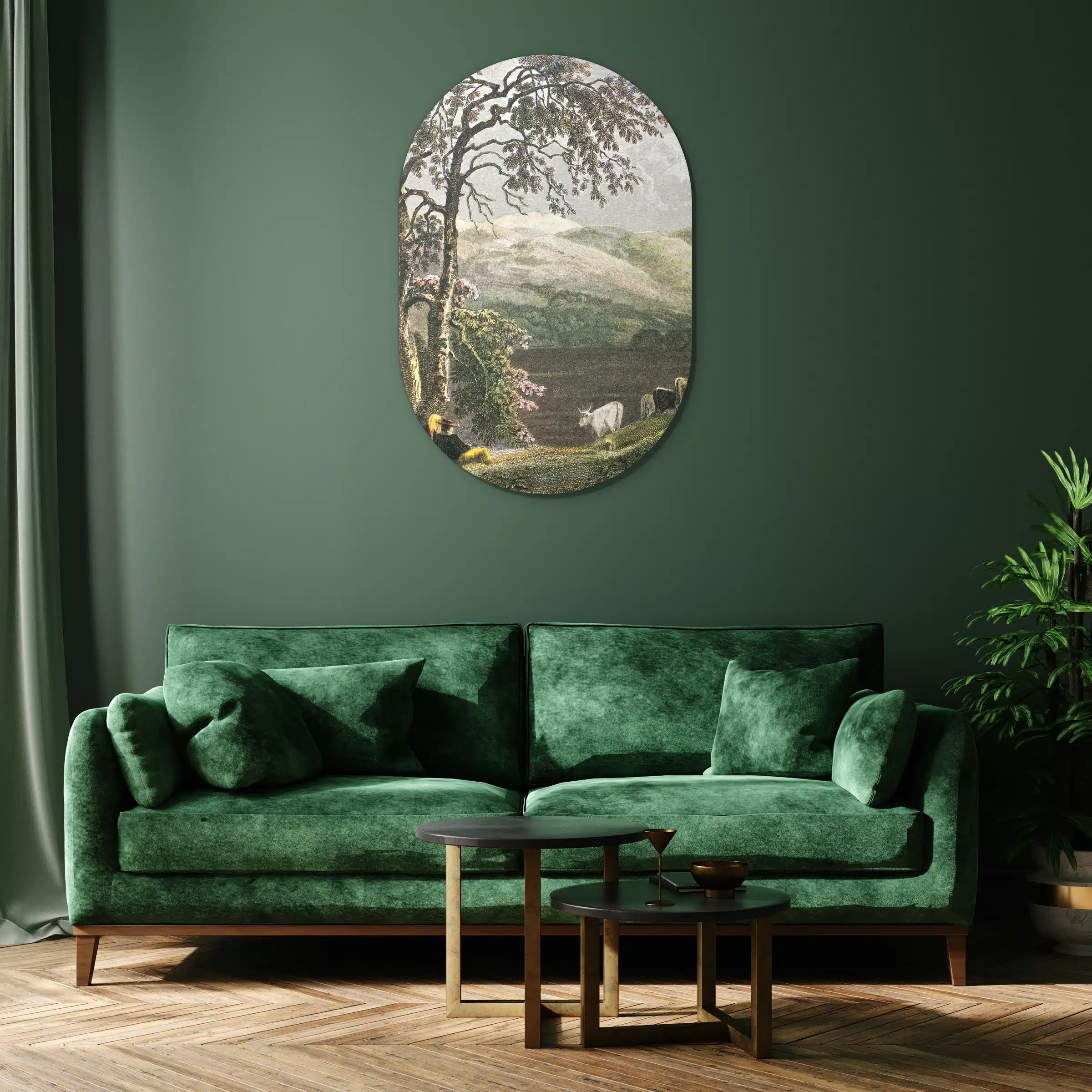 Muurovaal Siciliaans landschap aan een groene muur boven een fluwelen bank