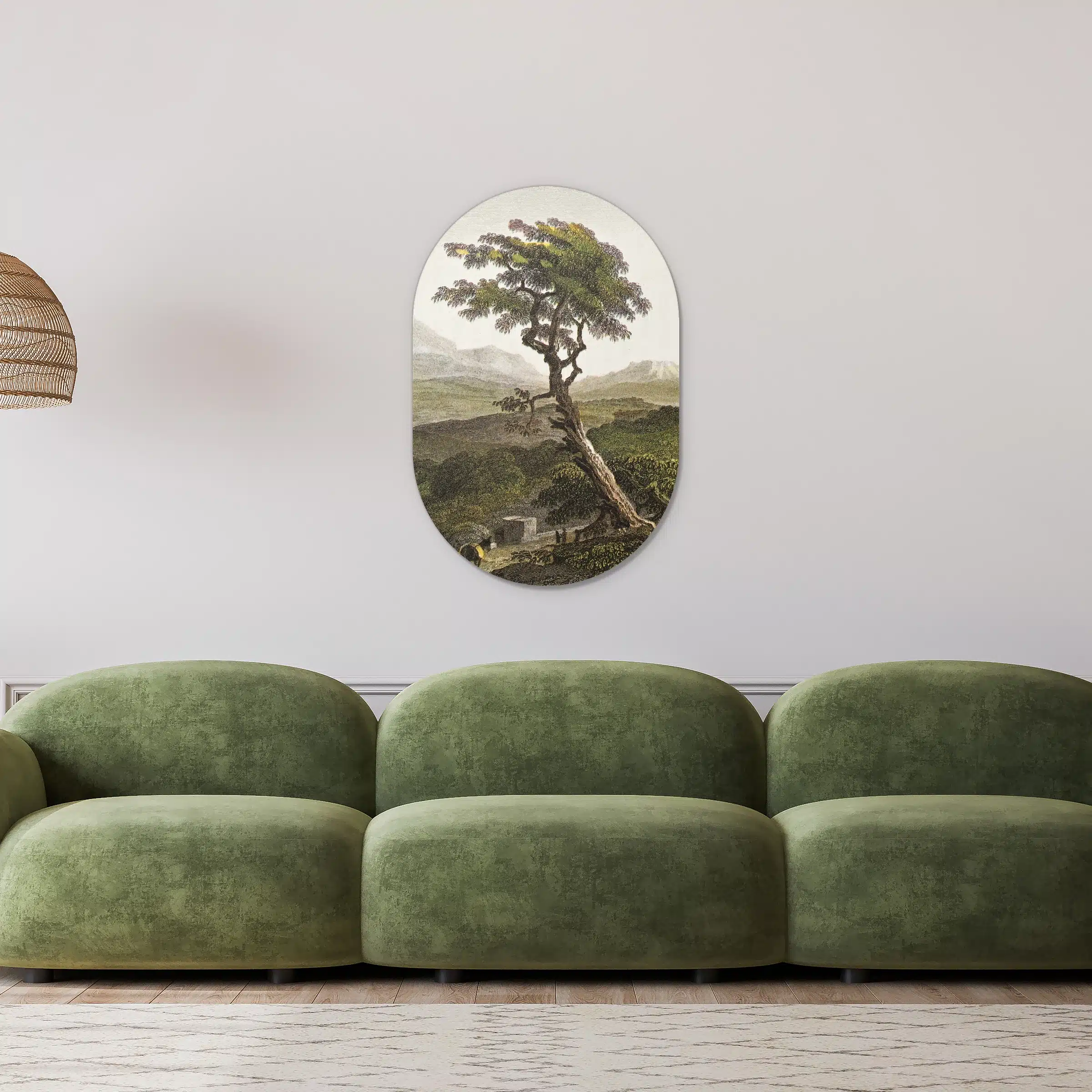 Muurovaal Siciliaanse boom in een lichte woonkamer boven een groene bank