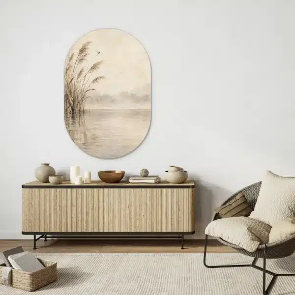 Japandi schilderij groot als muurovaal boven een licht houten dressoir