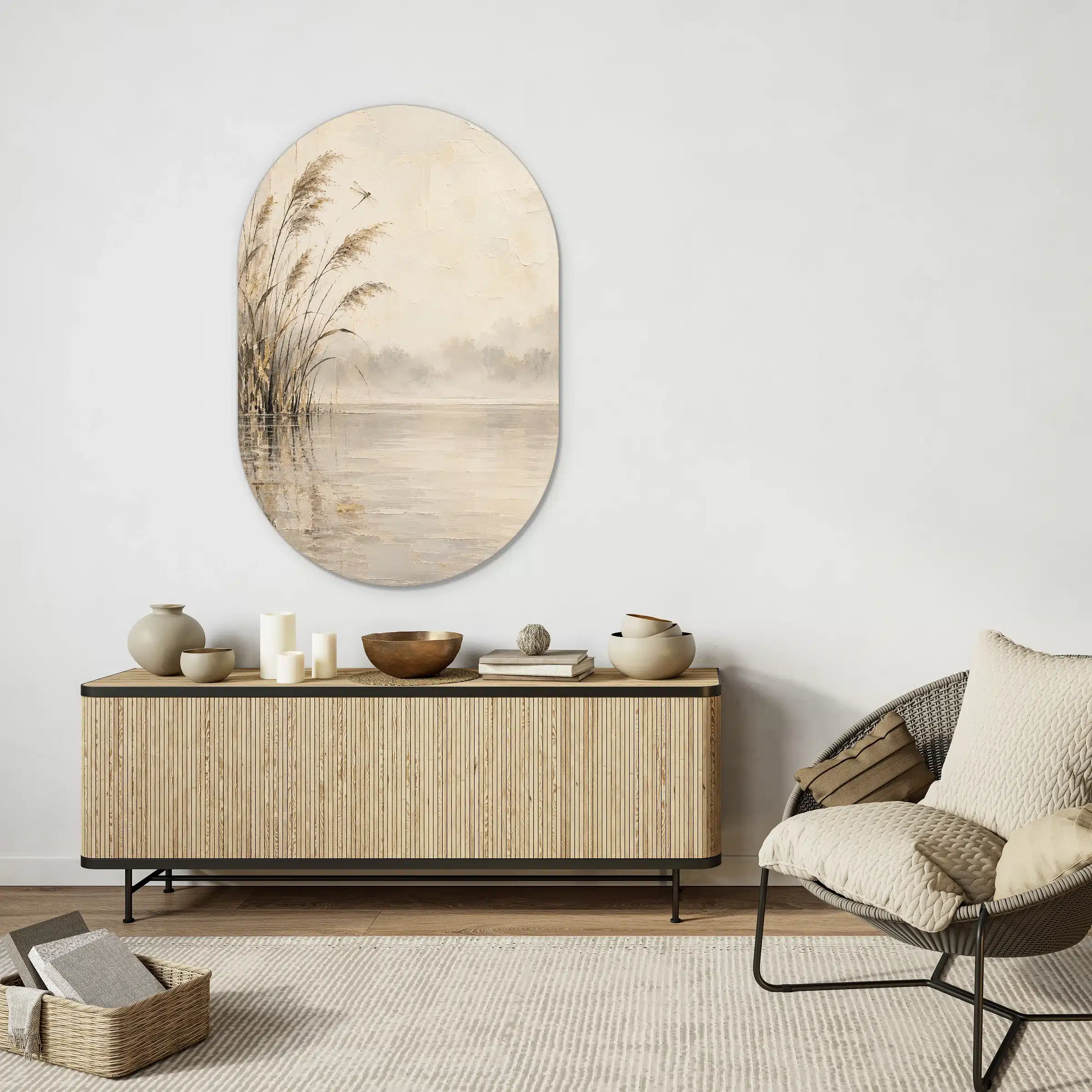 Japandi schilderij groot als muurovaal boven een licht houten dressoir