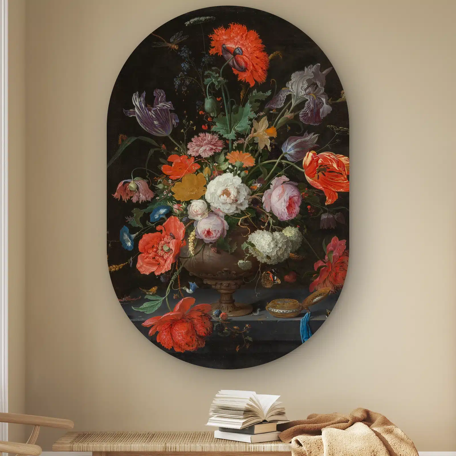 Bloemstilleven abraham mignon als muurovaal: bronzen vaas met klaprozen, tulpen en pioenen en een zakhorloge, Abraham Mignon