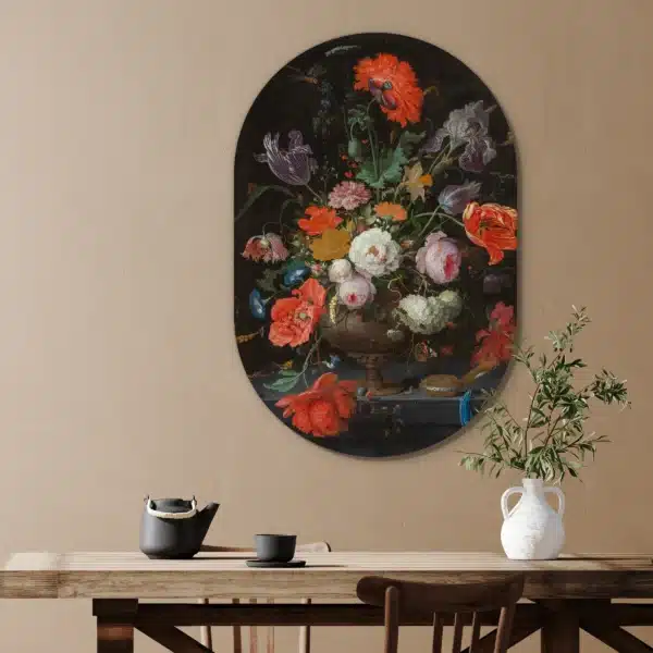 Bloemstilleven abraham mignon als muurovaal in een eetkamer boven de eettafel