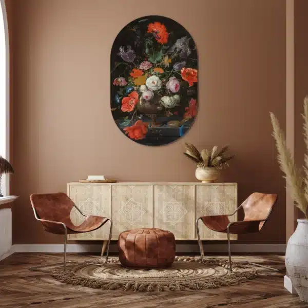 Bloemstilleven abraham mignon als muurovaal aan een terracotta muur boven een dressoir