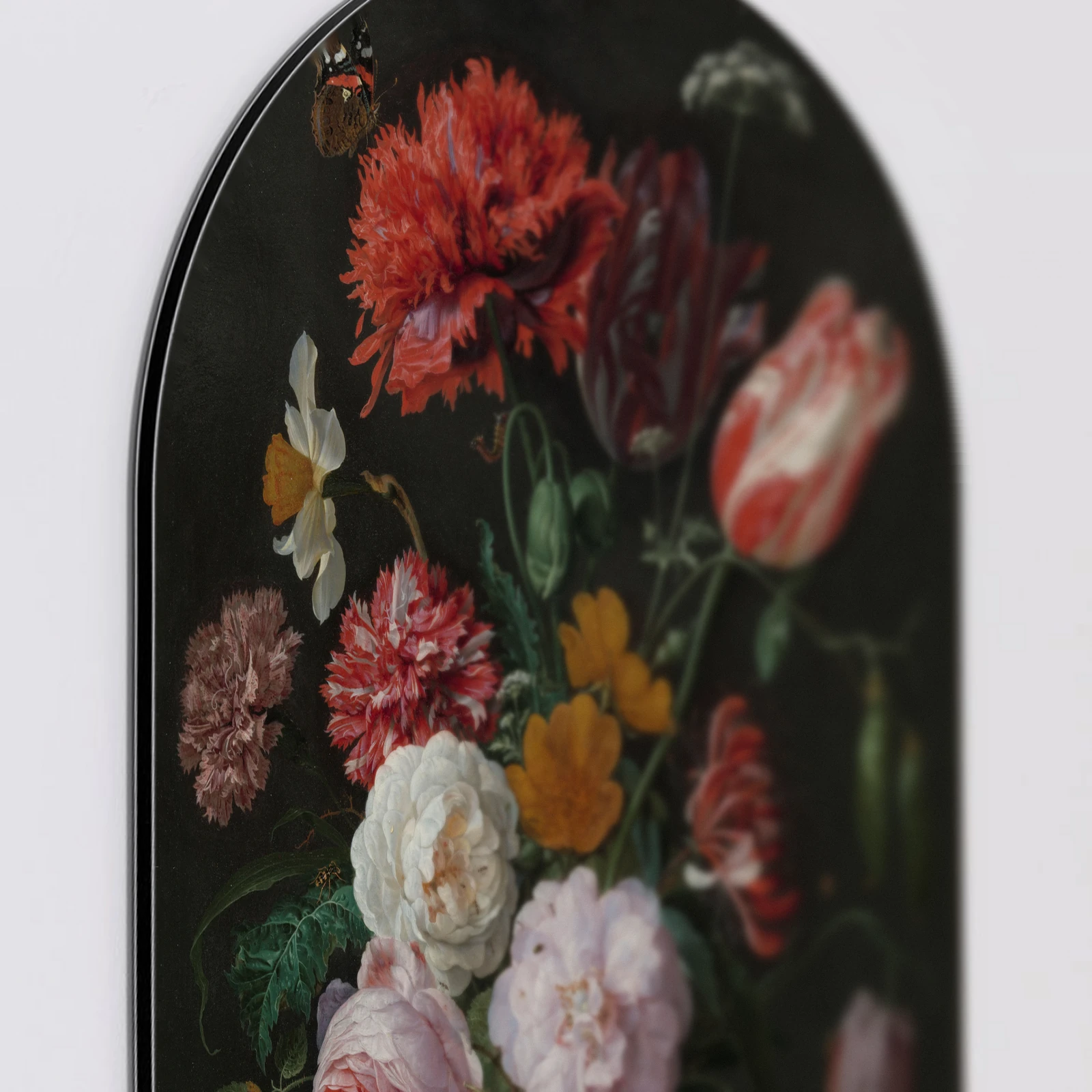 Muurovaal Stilleven met bloemen in een glazen vaas, Aluminium Dibond van dichtbij