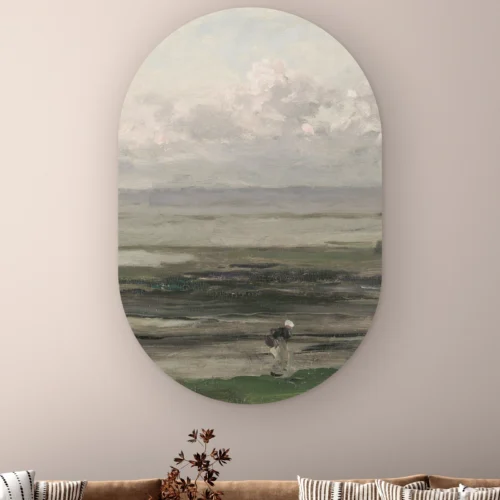 Muurovaal Strand bij eb aan de muur boven een bank met gestreepte kussens