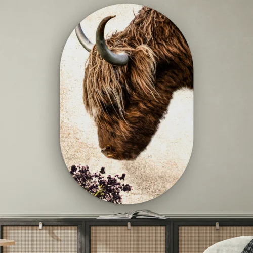 Muurovaal Vintage hooglander aan de muur boven een dressoir met rotan deurtjes