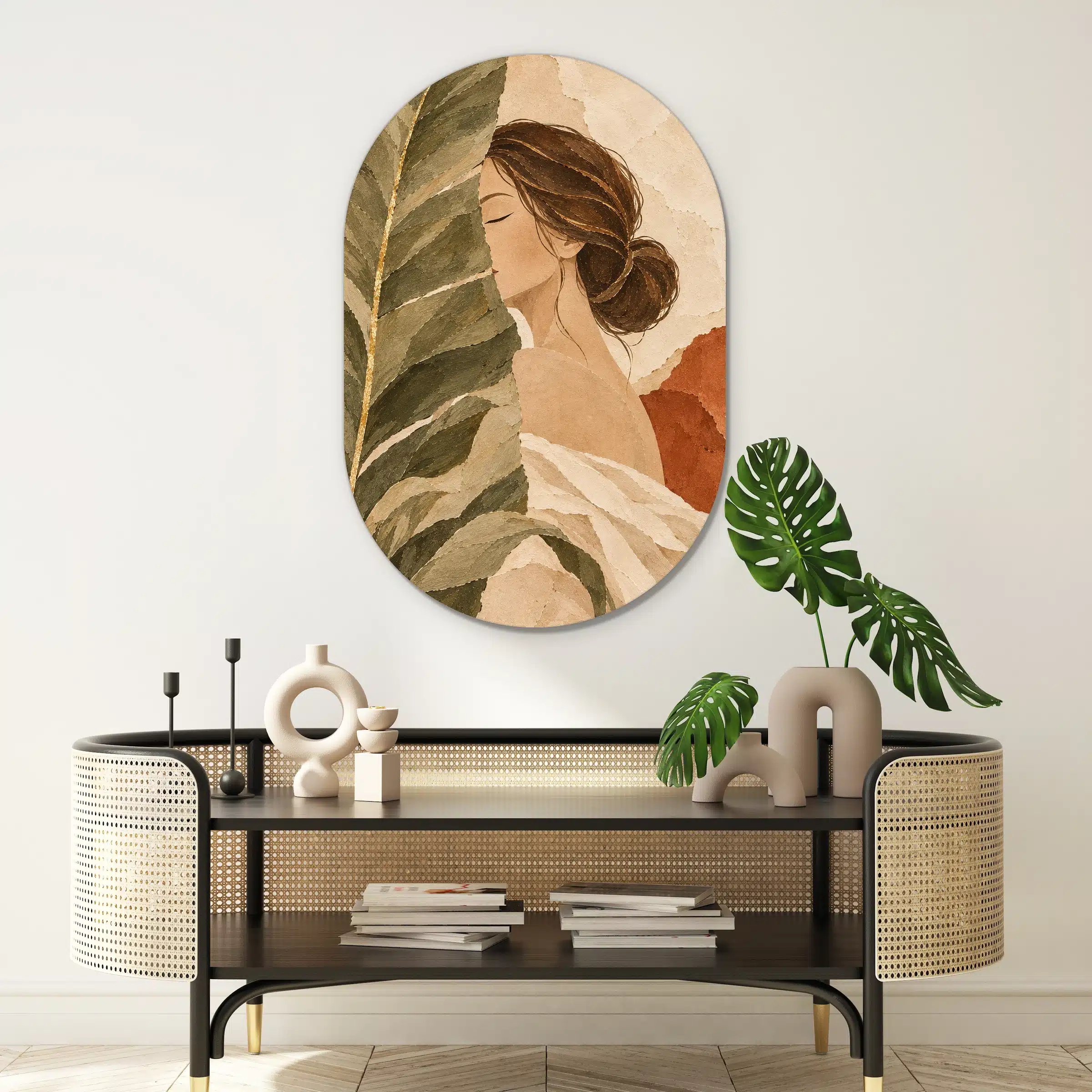 Schilderij terracotta vrouw als muurovaal boven een rotan console