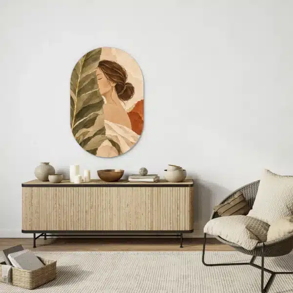 Schilderij terracotta vrouw als muurovaal boven een licht houten dressoir