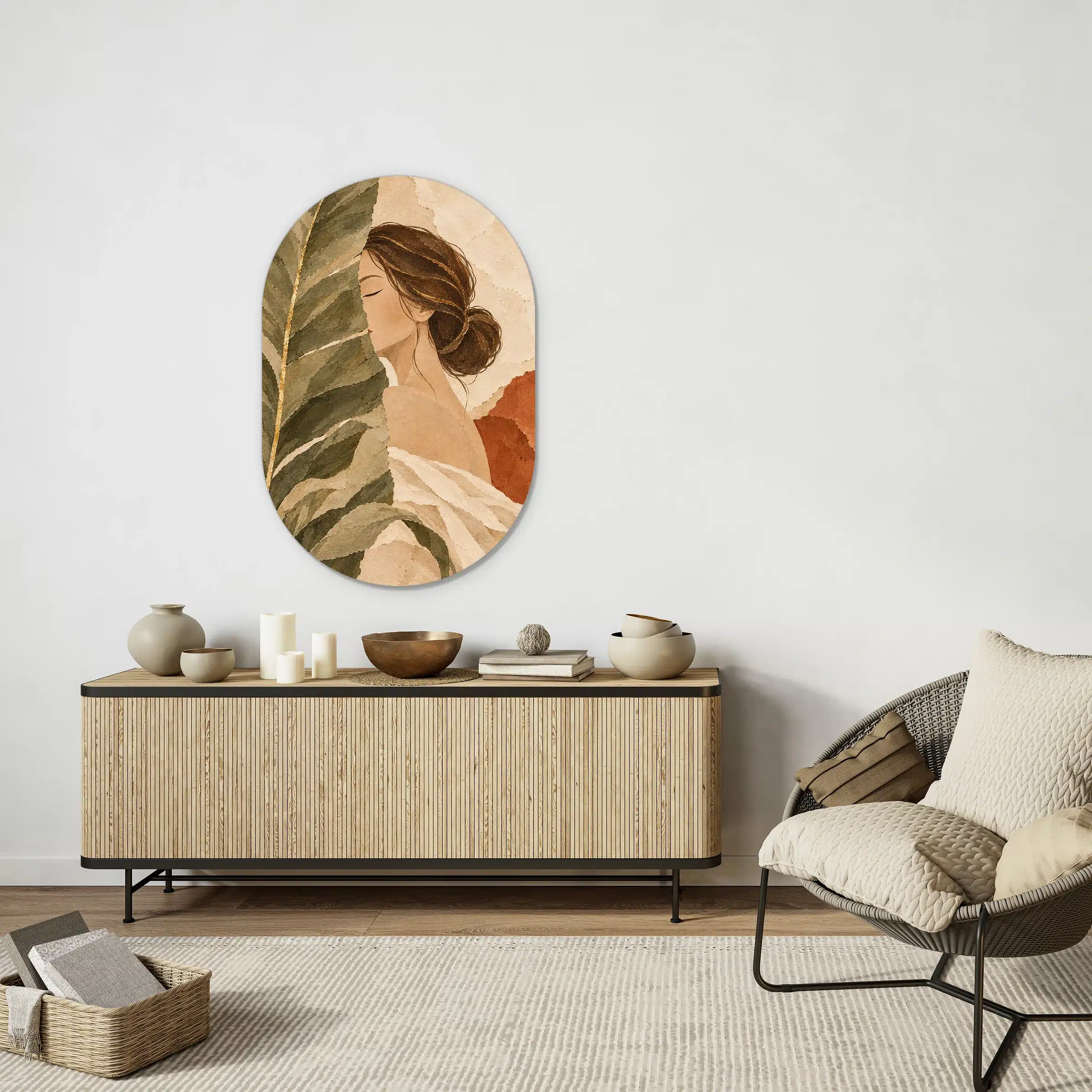 Schilderij terracotta vrouw als muurovaal boven een licht houten dressoir