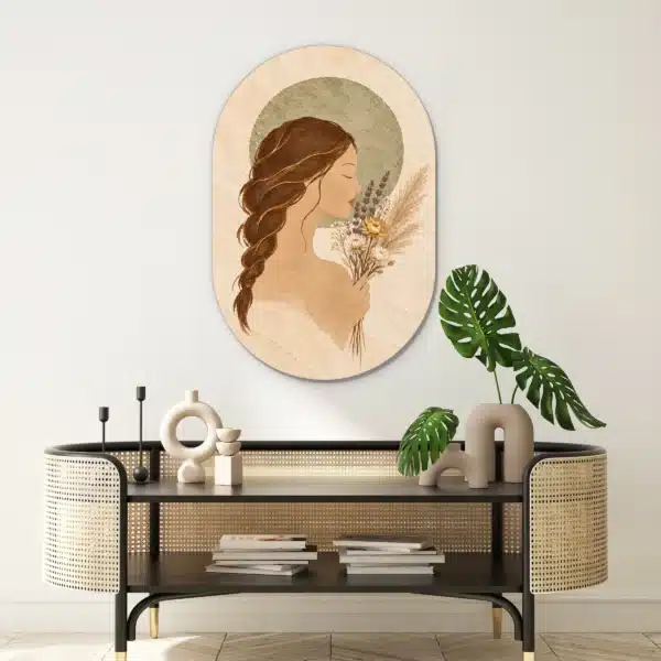 Schilderij vrouw met bloemen als muurovaal boven een rotan console