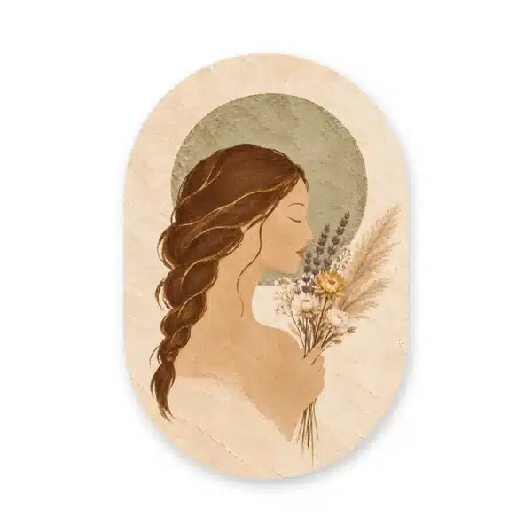 Schilderij vrouw met bloemen als muurovaal los op een witte achtergrond