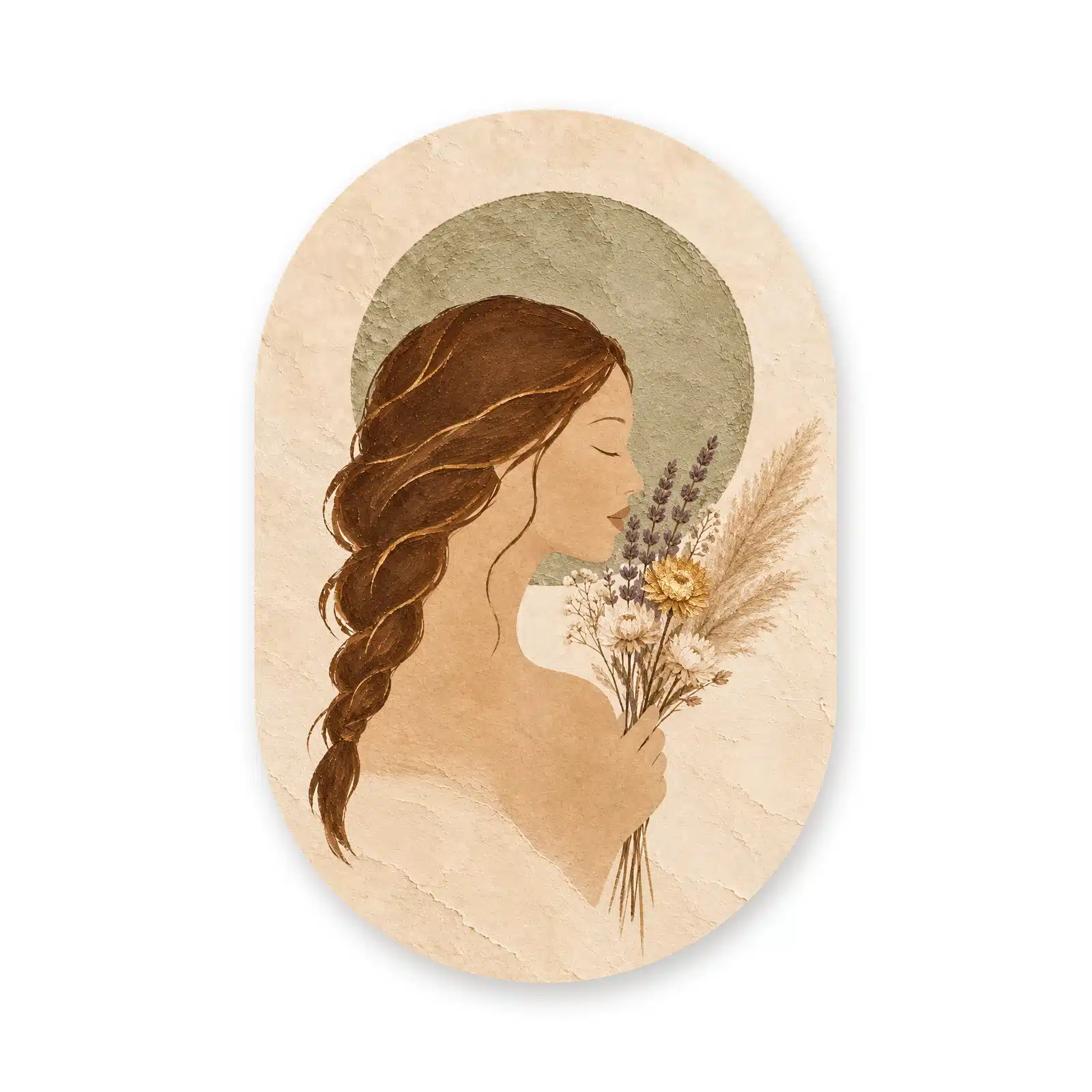 Schilderij vrouw met bloemen als muurovaal los op een witte achtergrond