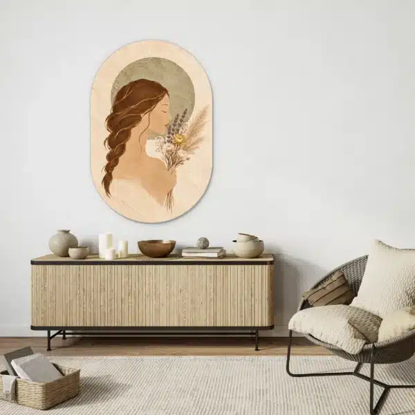 Schilderij vrouw met bloemen als muurovaal boven een licht houten dressoir