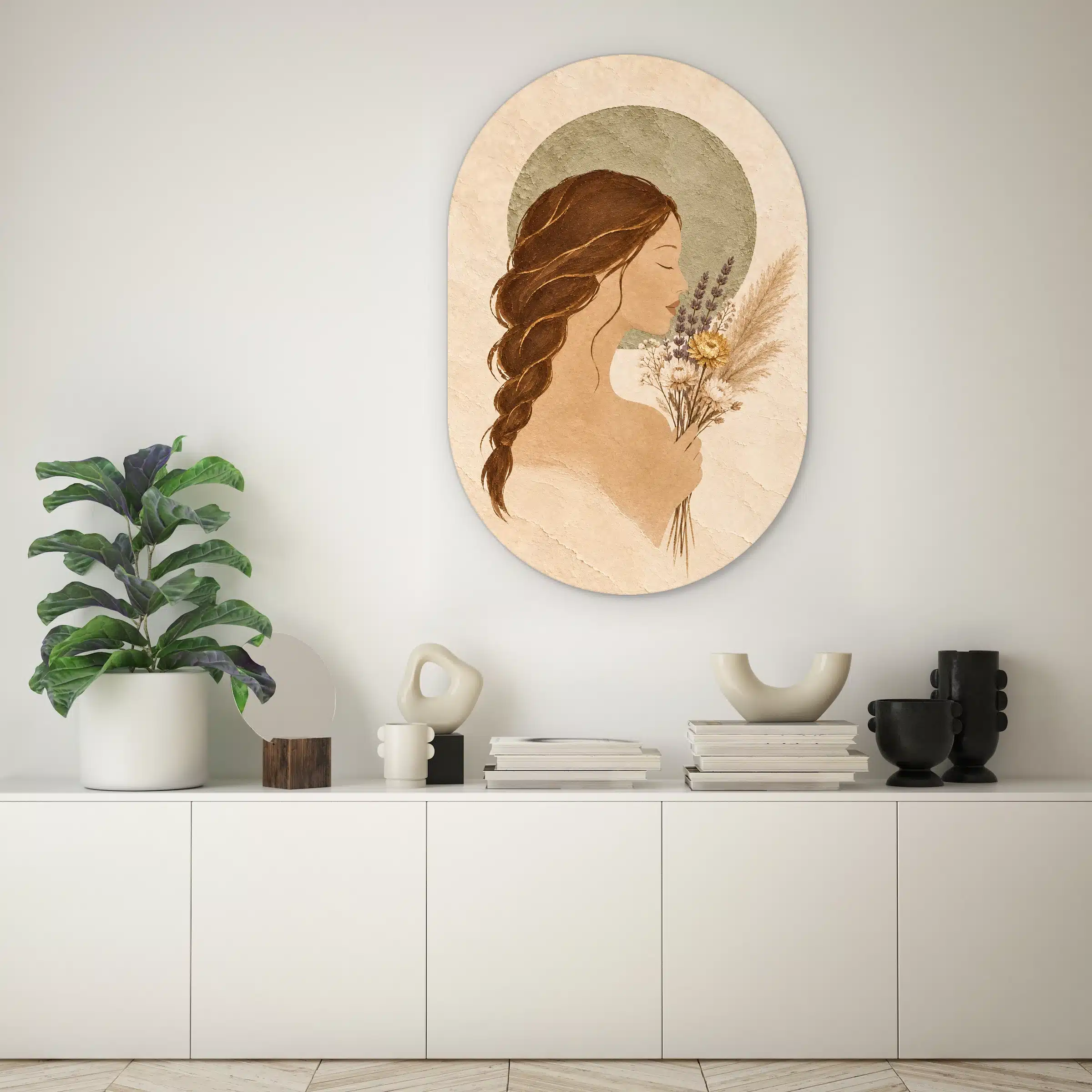 Schilderij vrouw met bloemen als muurovaal boven een witte kast