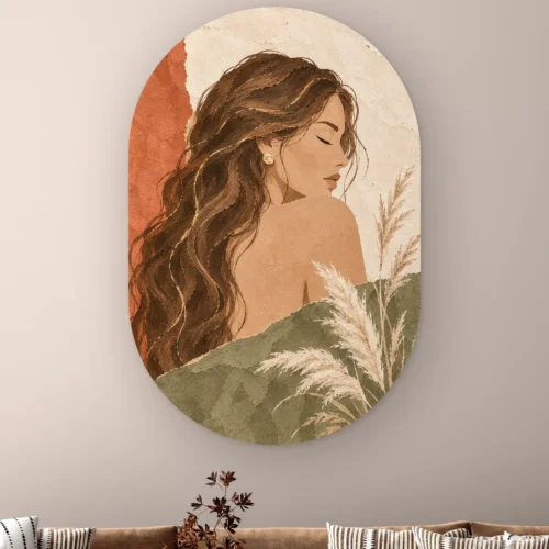 Schilderij vrouw abstract als muurovaal: vrouw met lang golvend haar, terracotta, pampas en een groene doek