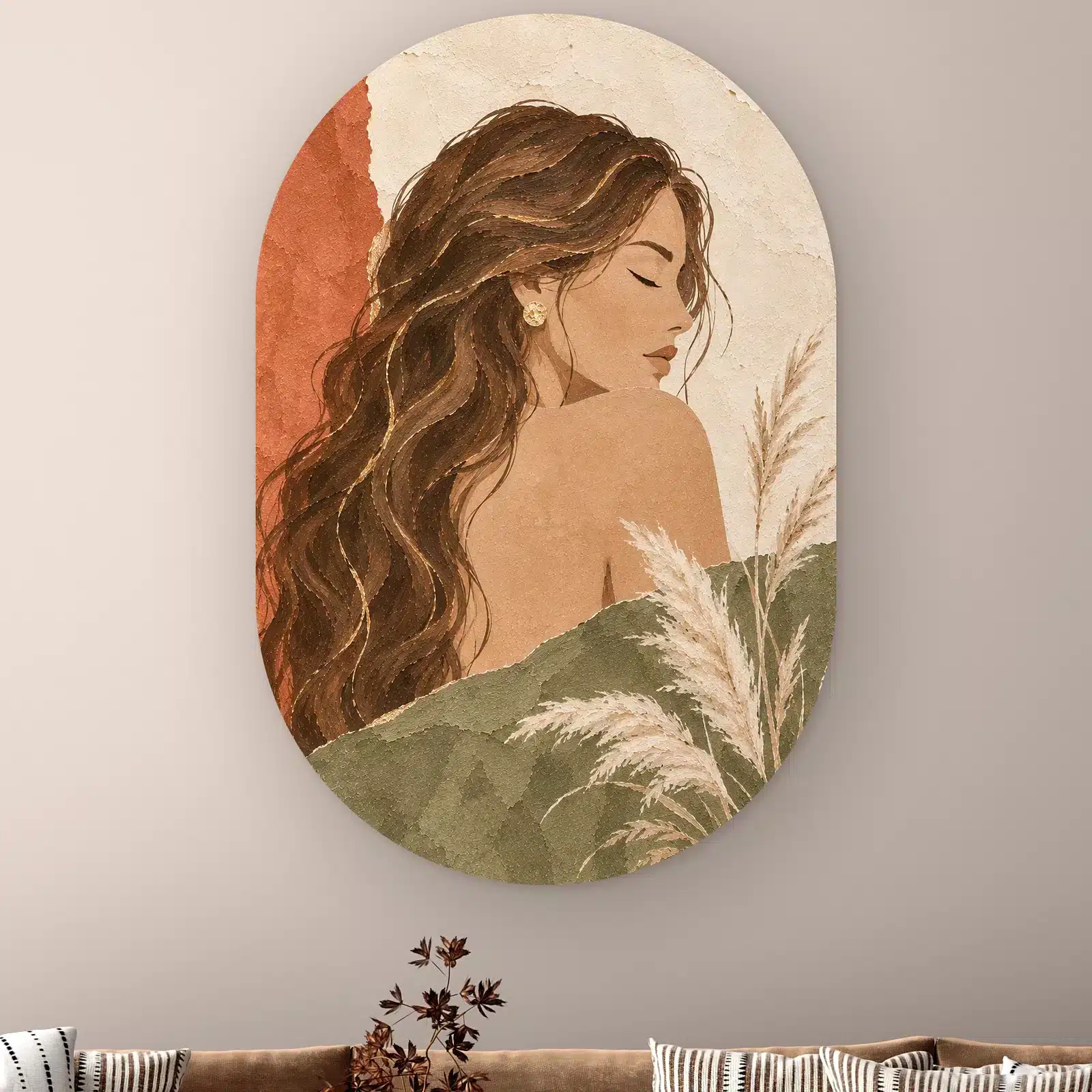 Schilderij vrouw abstract als muurovaal: vrouw met lang golvend haar, terracotta, pampas en een groene doek