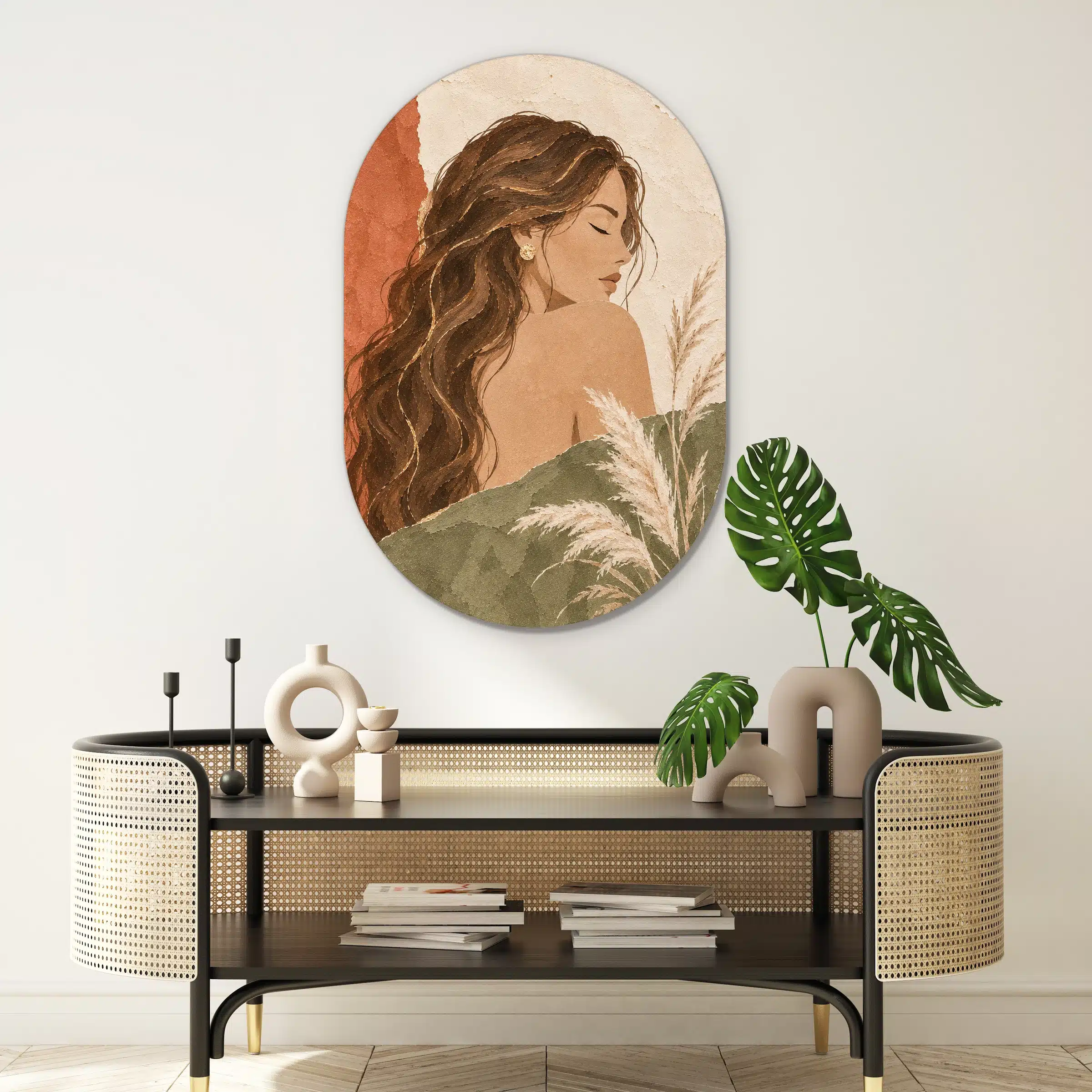 Schilderij vrouw abstract als muurovaal boven een rotan console