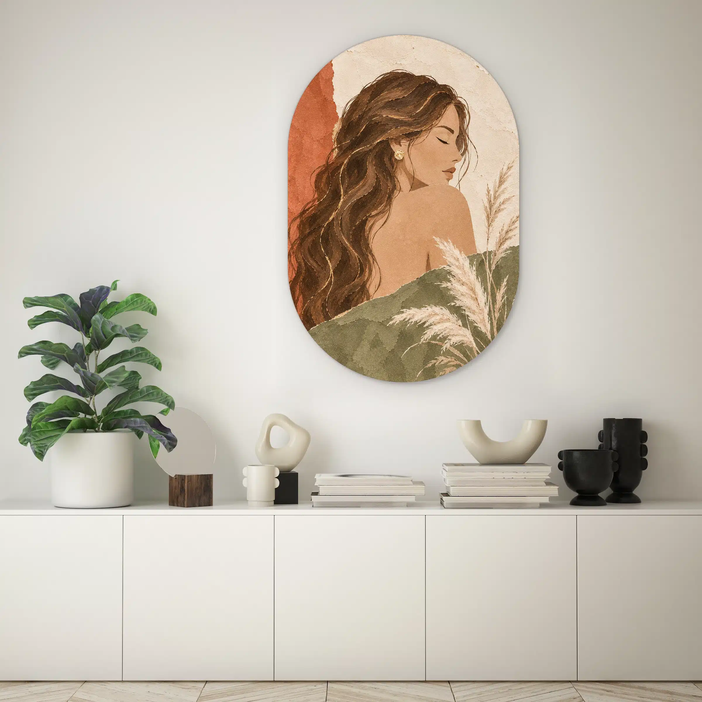 Schilderij vrouw abstract als muurovaal boven een witte kast
