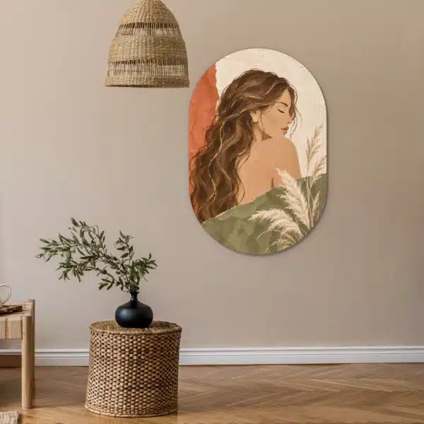 Schilderij vrouw abstract als muurovaal aan een zandkleurige muur