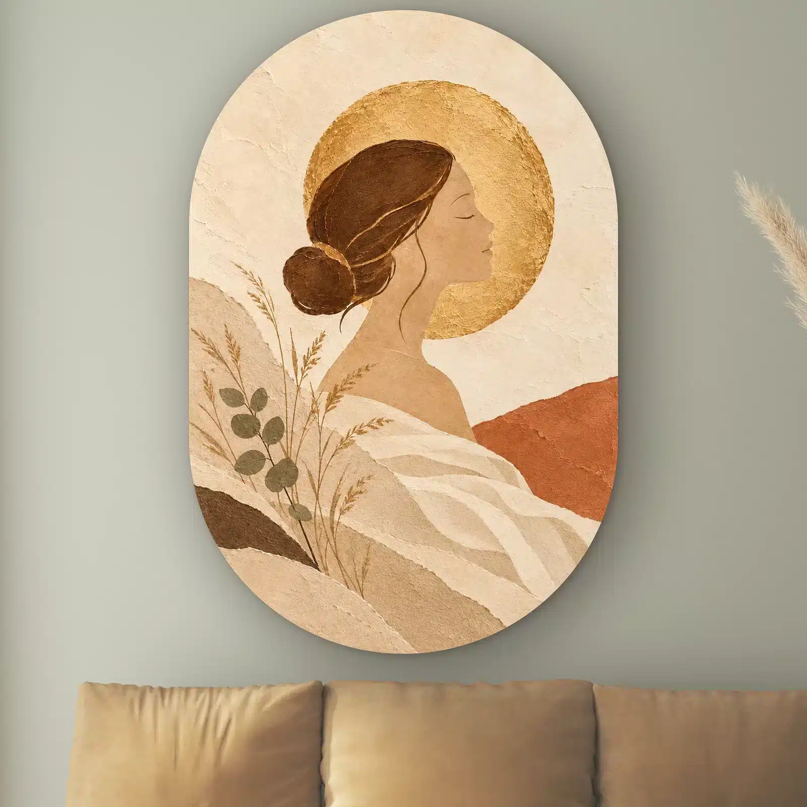 Schilderij goud vrouw als muurovaal: vrouw in profiel voor een gouden zon met terracotta heuvels en droog gras