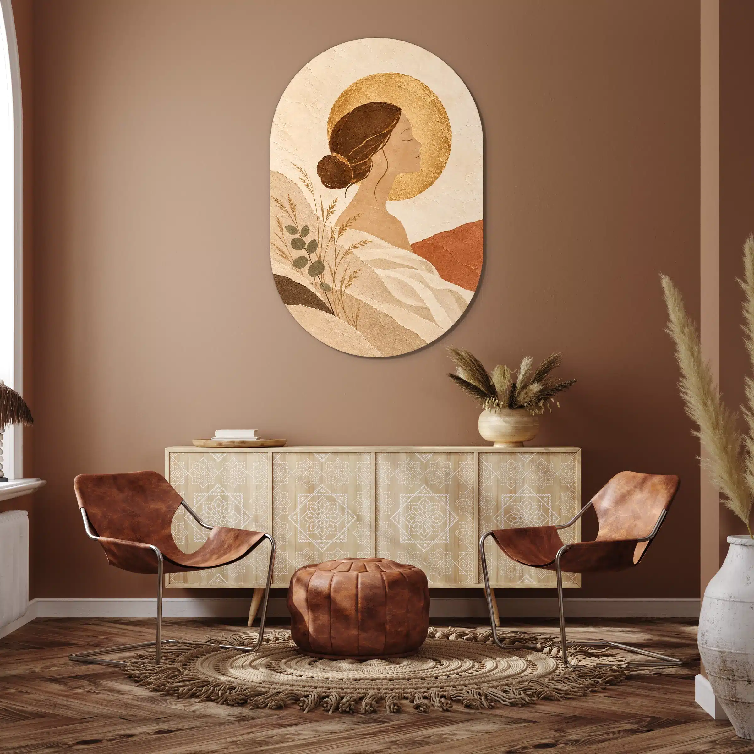 Schilderij goud vrouw als muurovaal aan een terracotta muur boven een dressoir
