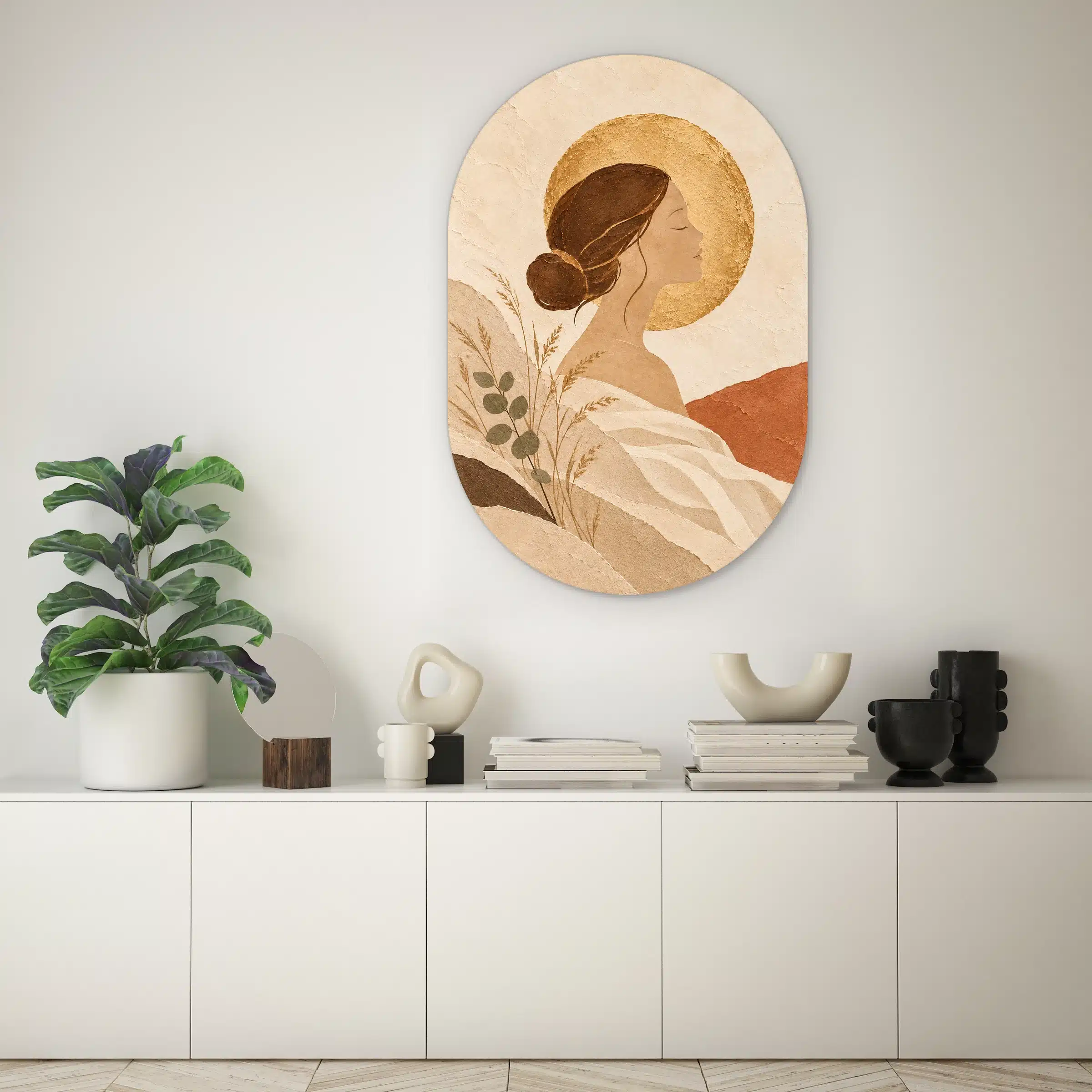Schilderij goud vrouw als muurovaal boven een witte kast
