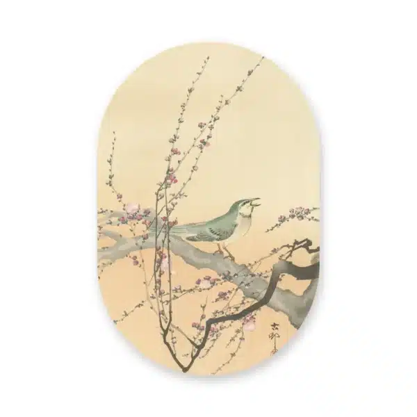 Japanse vogel schilderij als muurovaal los op een witte achtergrond