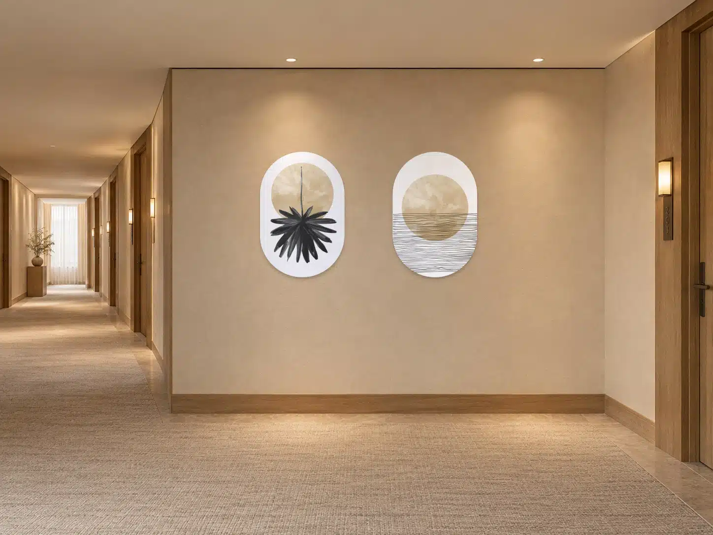 Twee muurovalen Abstract Hanging Flower en Abstract Horizon Stripes in een hotelgang