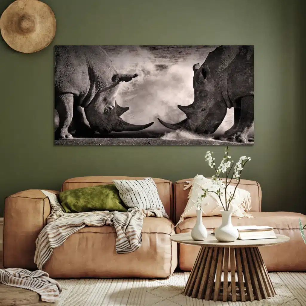 Neushoorn gevecht aan een olijfgroene muur boven een cognac leren bank