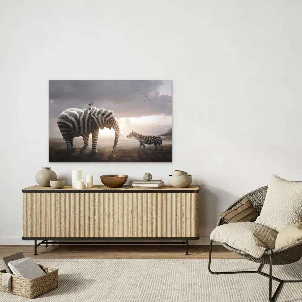 Olifant met zebrastrepen boven een licht houten lamellen dressoir