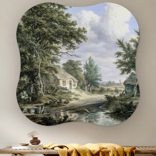 Organische vorm Boerderijen aan de rand van een bos aan de muur boven een houten bank met een okergele plaid