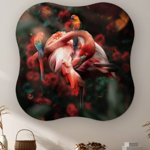 Organische vorm Flamingo met rozen aan de muur boven een kast met een rieten mandje