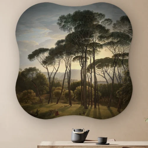 Organische vorm Italiaans landschap met parasoldennen aan de muur boven een houten tafel met theepot