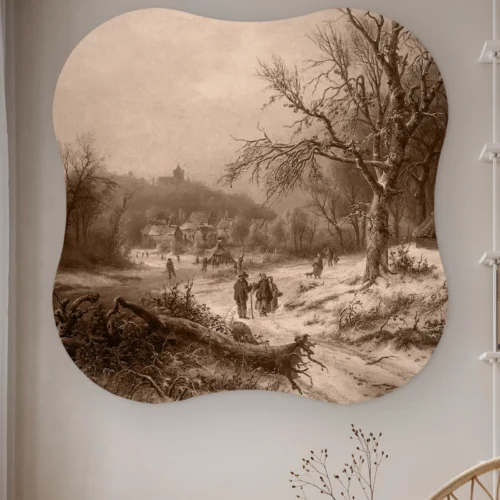 Organische vorm Oud Hollands sneeuwlandschap aan de muur in een lichte kamer met droogbloemen