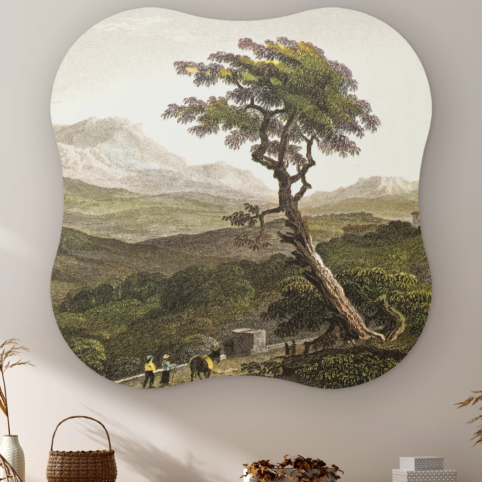 Organische vorm Siciliaans landschap met boom aan de muur boven een kast met een rieten mandje