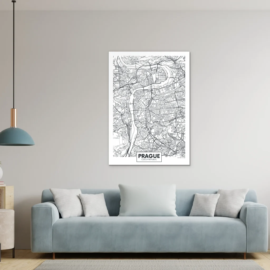 Plattegrond Praag boven een lichtblauwe bank met een hanglamp