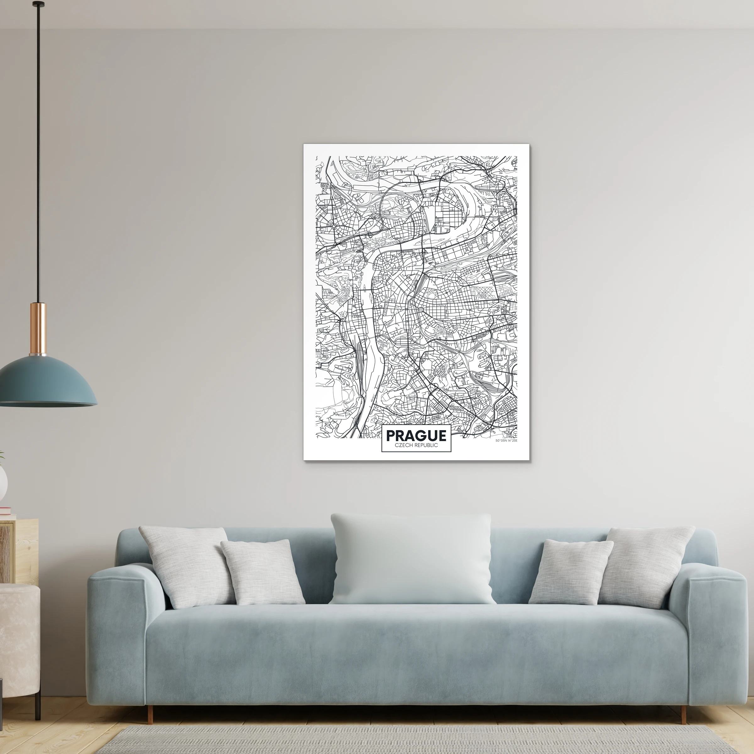Plattegrond Praag boven een lichtblauwe bank met een hanglamp
