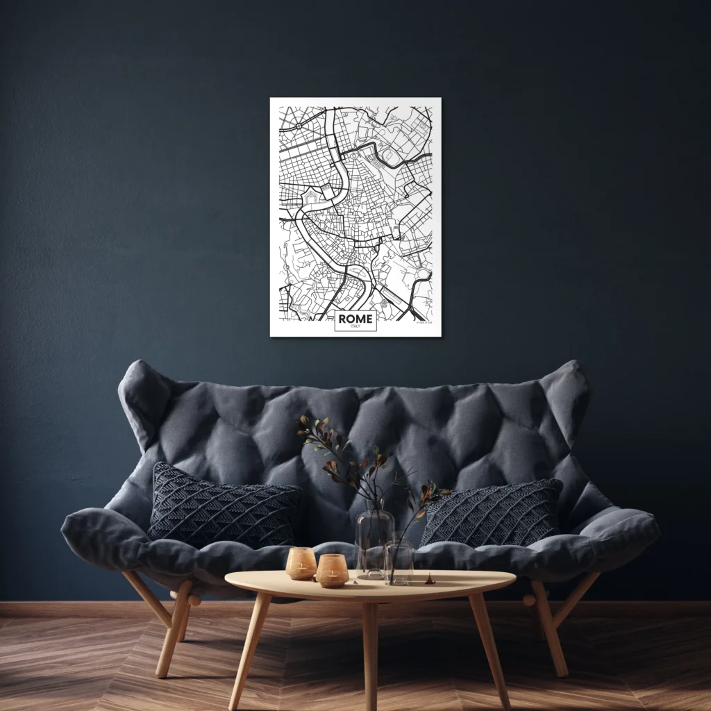 Plattegrond Rome boven een grijze bank aan een donkerblauwe muur